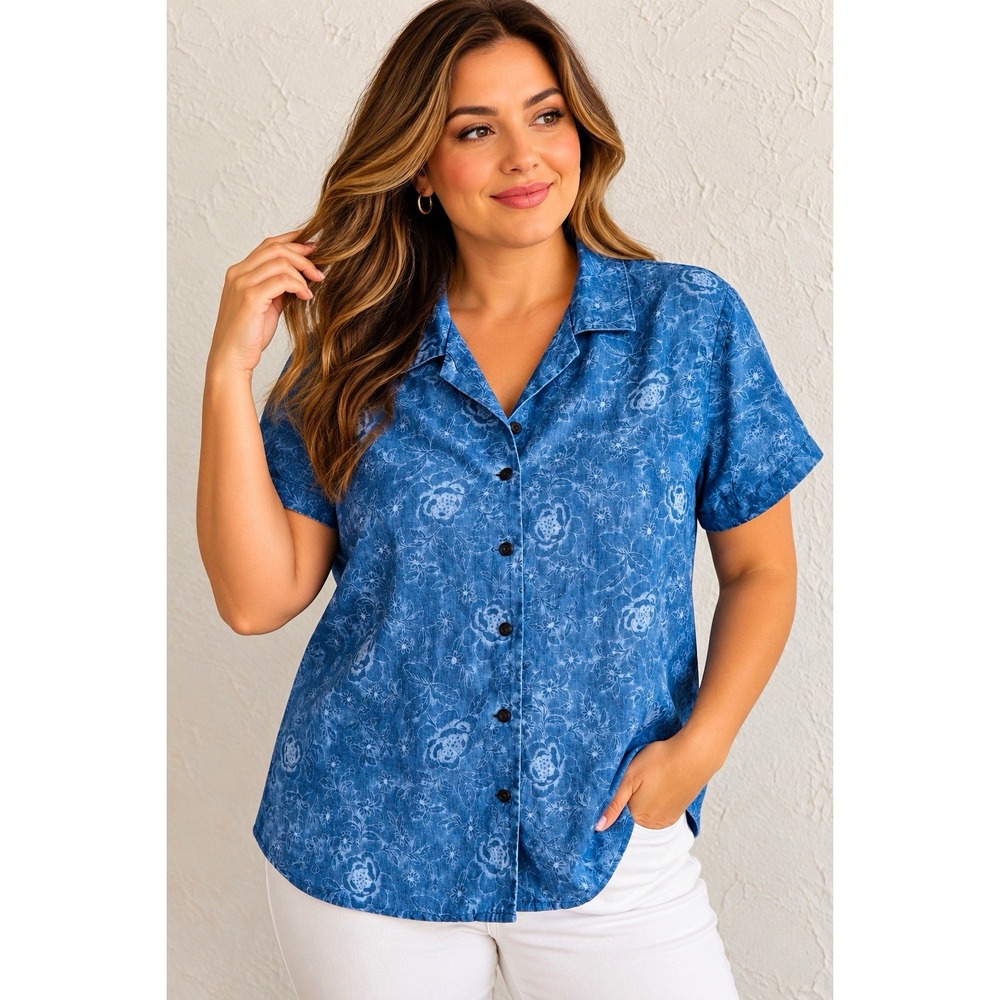 Lauren Ralph Lauren Women's L 100% Linen Blue Floral Camp Shirt